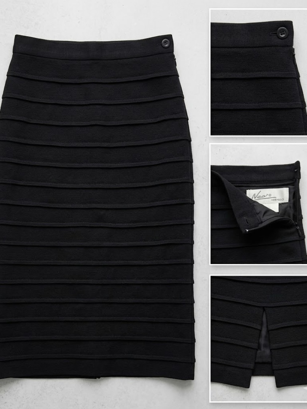 Vintage Neo Tiered Bandage Black Midi Pencil Wool Skirt Minimalist Office Siren